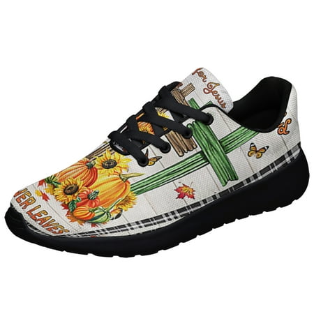 

Fall For Jesus He Never Leaves Fall Thanksgiving Halloween Pumpkins HarveSt Shoes Sneakers Black Size 10.5