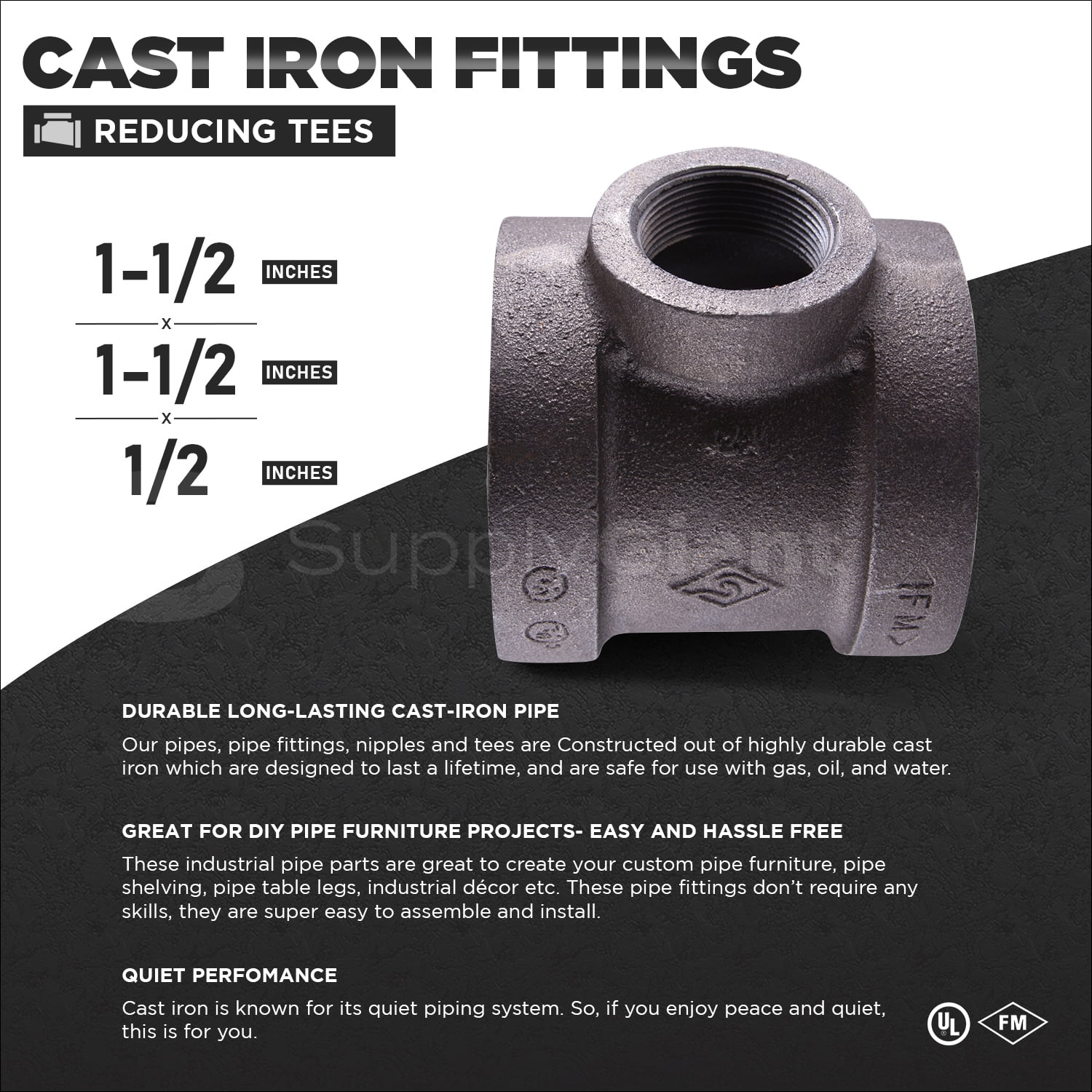 Supply Giant 1-1/2" x 1-1/2" x 1/2" BLack Pipe Fitting Reducing Tee Cast Iron