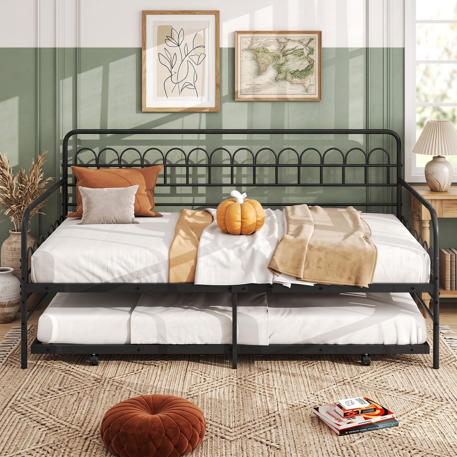 Furnibear Twin Metal Daybed with Pull-Out Trundle and Arched Rail Detailing on Lockable Casters for Bedroom and Guest Room, Black