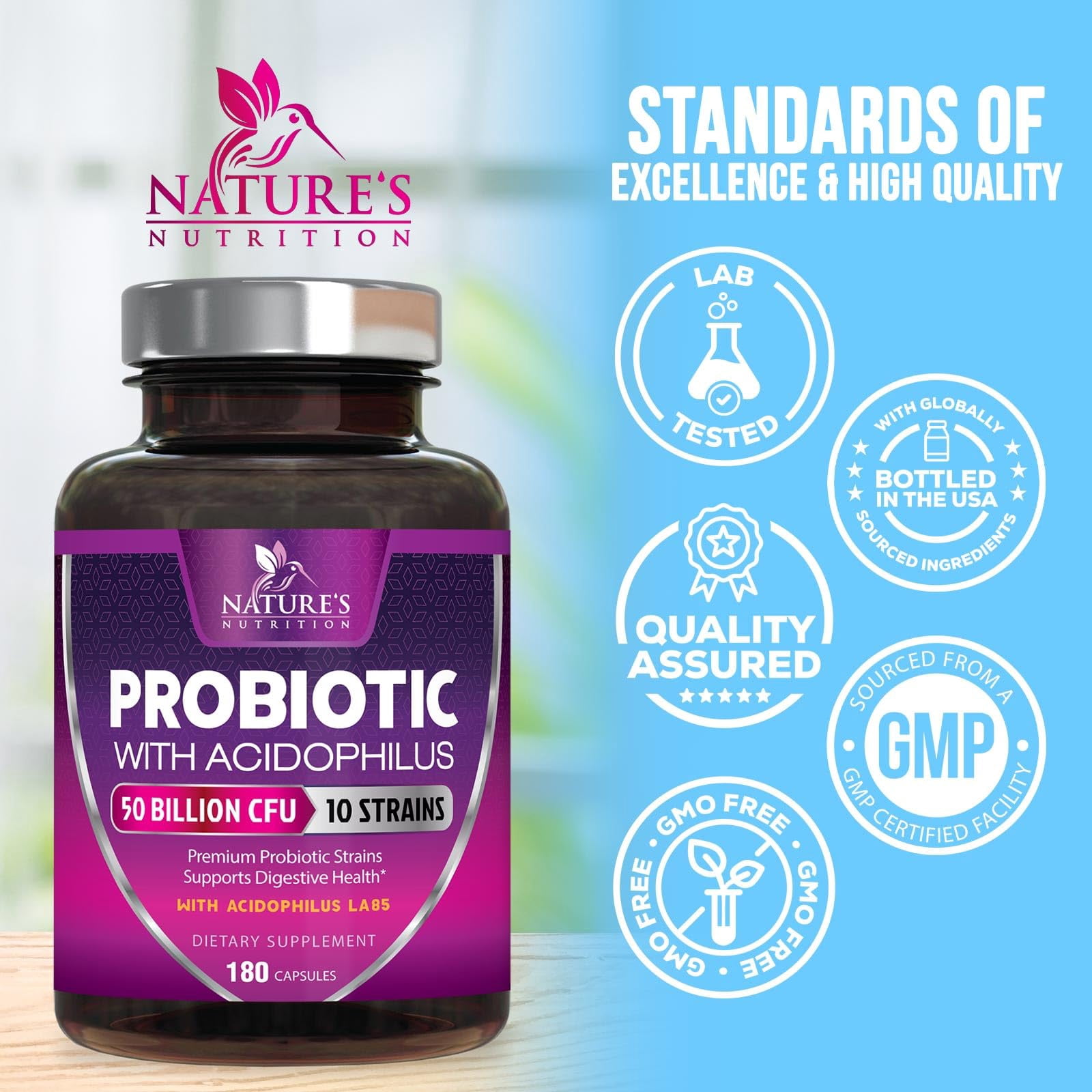 Probiotics - 50 Billion CFU per Capsule - 10 Strains & Prebiotics - Probiotics for Women & Men - Supports Digestive Gut Health, Bloating & Occasional Constipation - USA Bottled - 180 Capsules