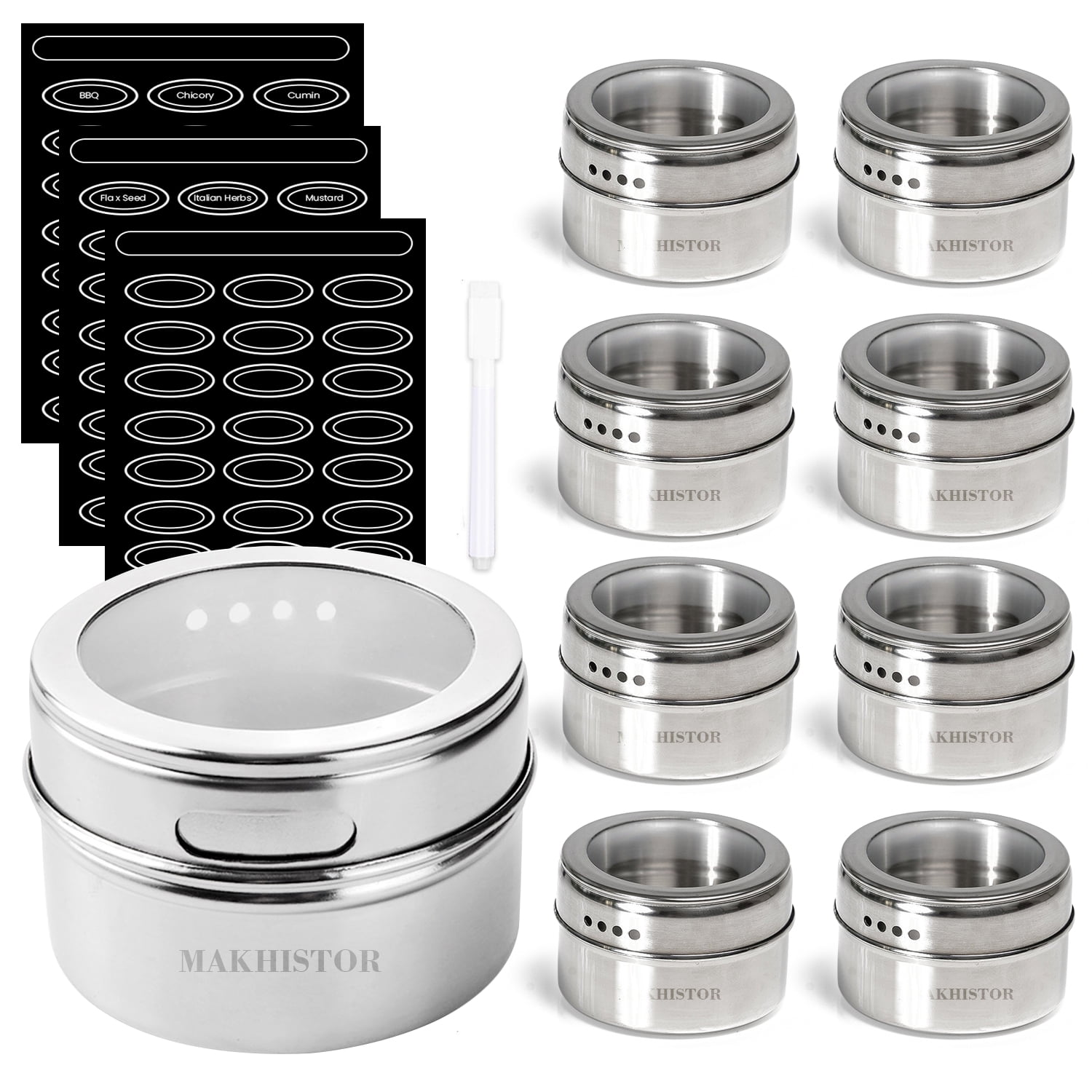 12 Pack Magnetic Spice Jars,Stainless Steel & Portable Spice Jars Storage Containers Set,96 Spice Labels & 24 Blank Labels, 1 PCS Marker Pen