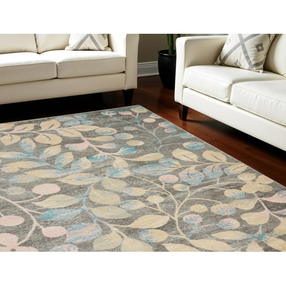 HomeRoots 550954 6 x 9 ft. Botanical Leaves Rectangle Area Rug, Beige, Gray & Blue