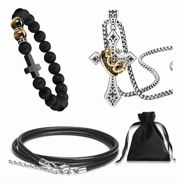 Cadena Hombre Cruz Cadena Con Corona Anillo Acero Inoxidable Xtellar Plateado