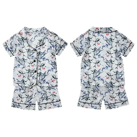 

Toddler Baby Silk Pajamas Set for Boy Girl 1-6Years 2PCS Summer Button-Down Short Sleeve Silk Nightwear Printed Sleepwear