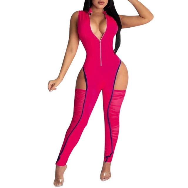 HBFAGFB Rompers for Women V Neck Sleeveless Backless Tops Fashionable Pleated Jumpsuits Hot Pink Size M