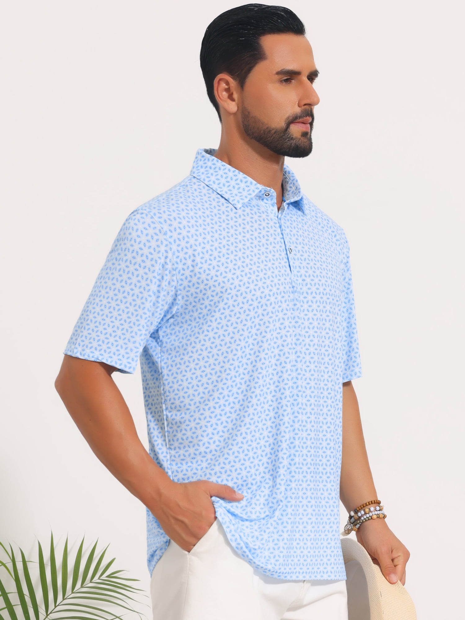 DARING DIVA Men's Printed Short Sleeve Lightweight Breathable Polo Shirts M Light Blue