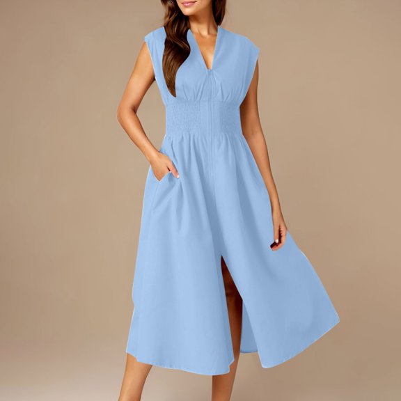 Uscallm Women's Summer Casual V Neck Short Sleeve Midi Dresses Flowy A-Line Zip Boho Beach Vacation Solid Maxi Sundresses, Blue M