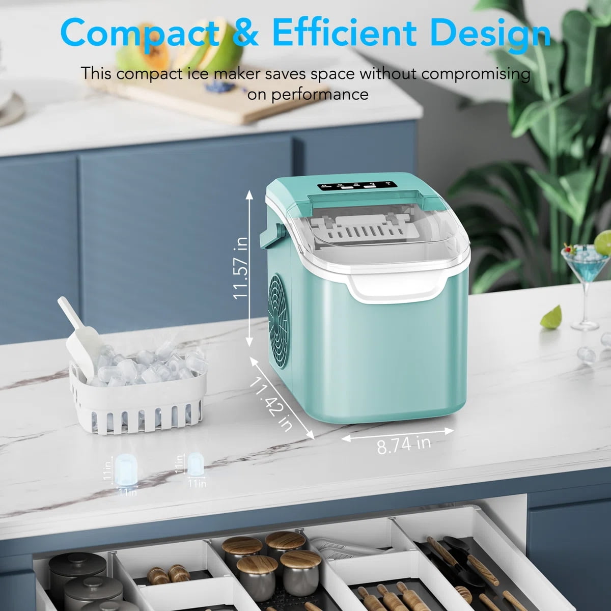 KNDKO Efficient Portable Countertop Ice Maker: Quick 8-Cube In 6 Mins, Up To 26Lb/Day, 2 Ice Sizes, Perfect For Home/Party/Travel Green