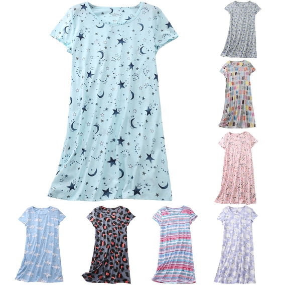 Akmaiox Cotton Nightgowns for Women Lightweight Comfy Cute Print Loungewear Short Sleeve Casual Loose Summer Sleep Dresses S‑XL