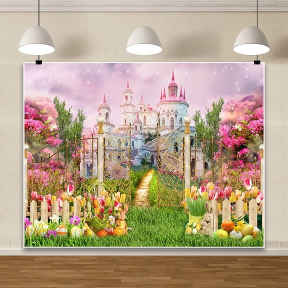 7x5ft Spring Easter Backdrop Easter Garden Castle Photography Background for Birthday Baby Shower Party Banner Portrait Photo Booth
