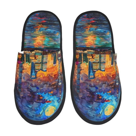 Balery Neon Shanghai Cityscape Night Slient Indoor Furry Fleece Comfort House Shoes Soft Non-Slip Home Shoes Cotton slippers House Slippers-- Large