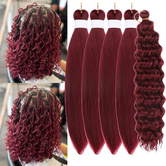 WEIF-Burgundy Red Braiding Hair Pre Stretched Colored 900 Boho Hair for Braiding Crochet Boho Braids Knotless Hypoallergenic Curly Deep Wave 16 inch 5 Packs