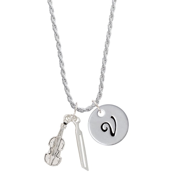 Delight Jewelry Silvertone Violin and Bow Silvertone Script Initial Disc - V - Charm Necklace, 20"+3"