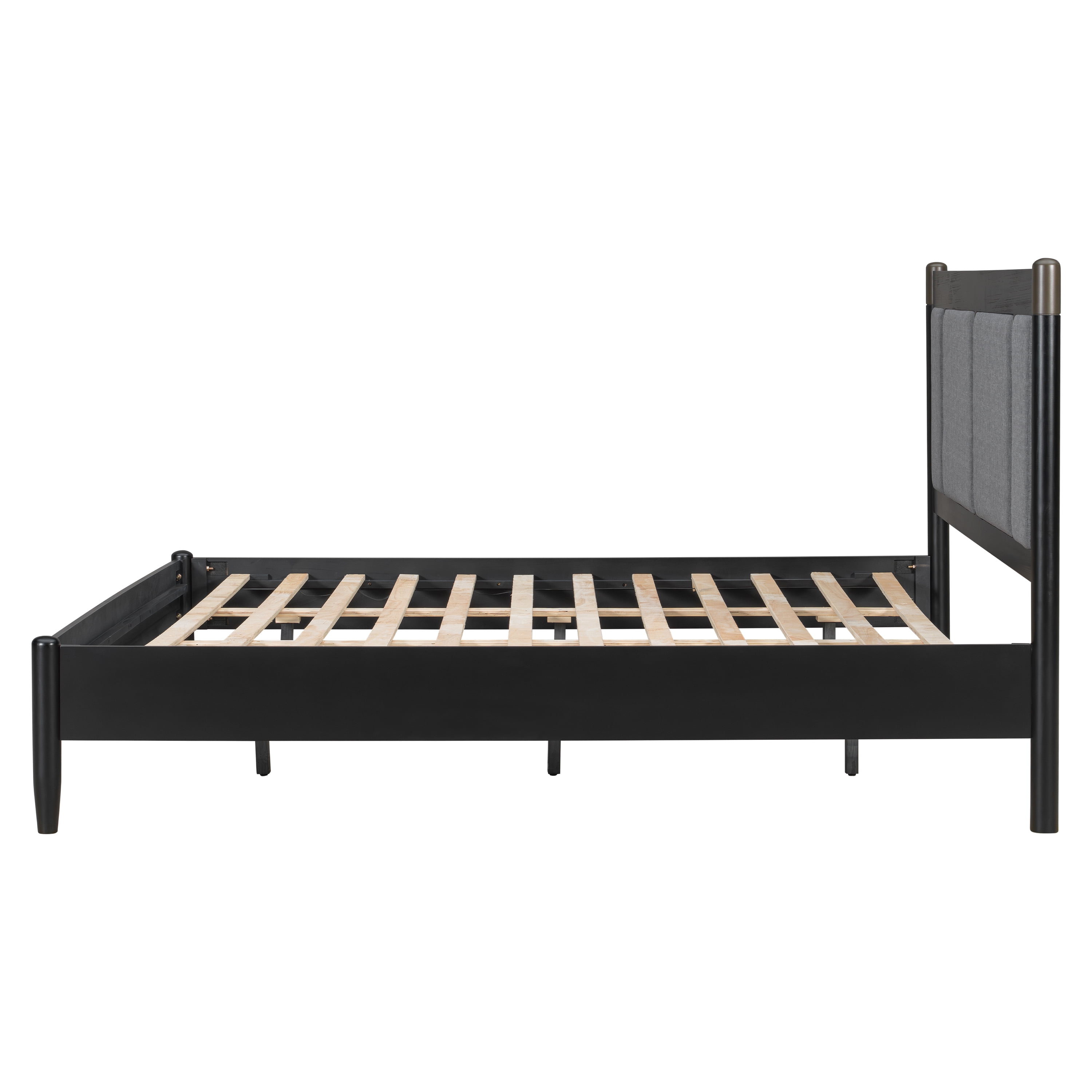 King Bed Frame 81 Inch, Solid Wood Platform Bed with Upholstered Headboard and Metal Handles, Heavy Duty Bed Frame with 600 lbs Support, Black