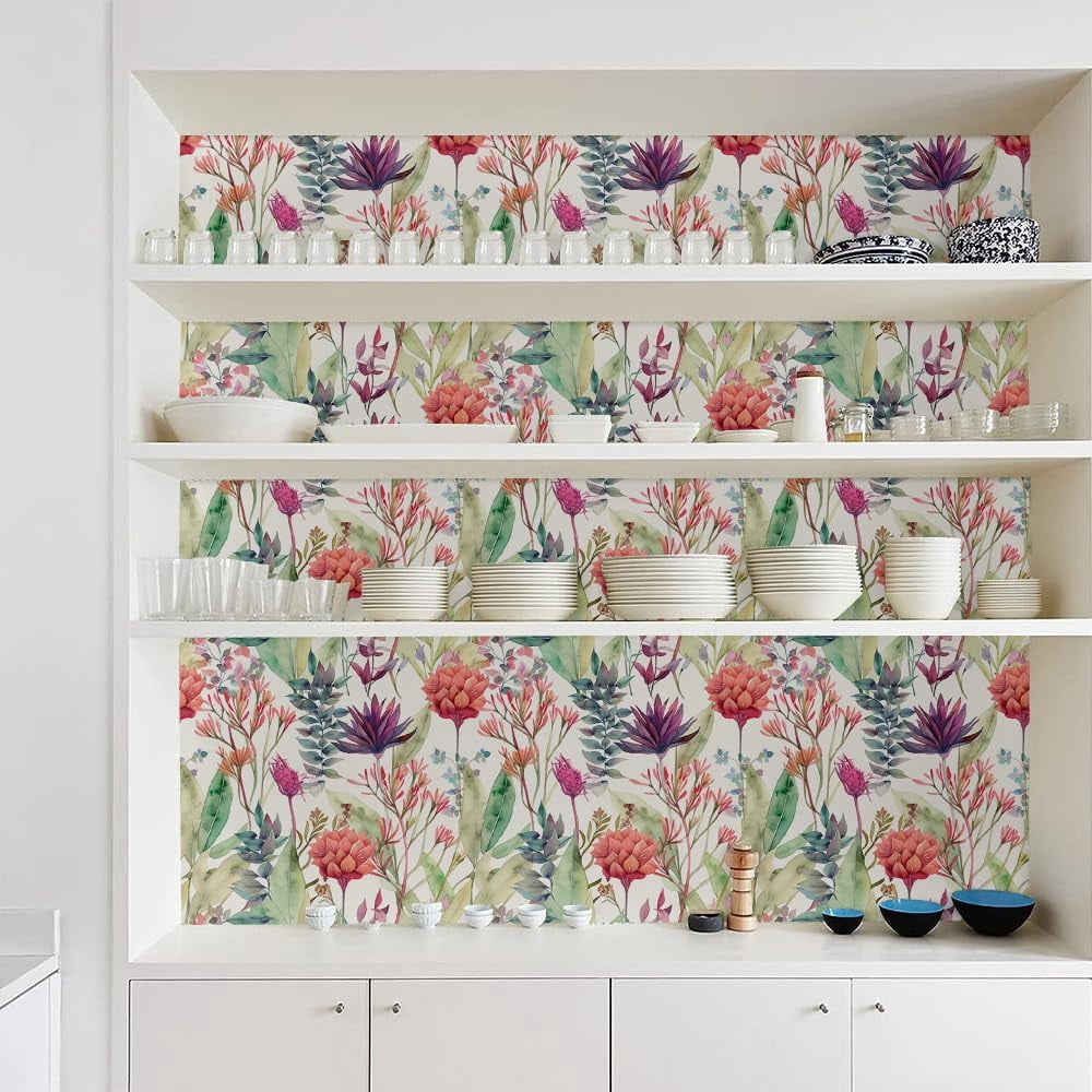 Watercolor Purple/Red/Green Grass Wildflower Floral Peel and Stick Wallpaper Wall Decor Self Adhesive Wall Paper Stick on Easy Peel Off Contact for Renter Apartment