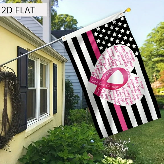 2D FLAT BANNER 1pc, Breast Cancer Awareness Flag, 150cm * 90cm/59.0in * 35.4in, Breast Cancer Awareness Ribbon Garden Decoration Fun Flag, Single-sided Printed Polyester Material