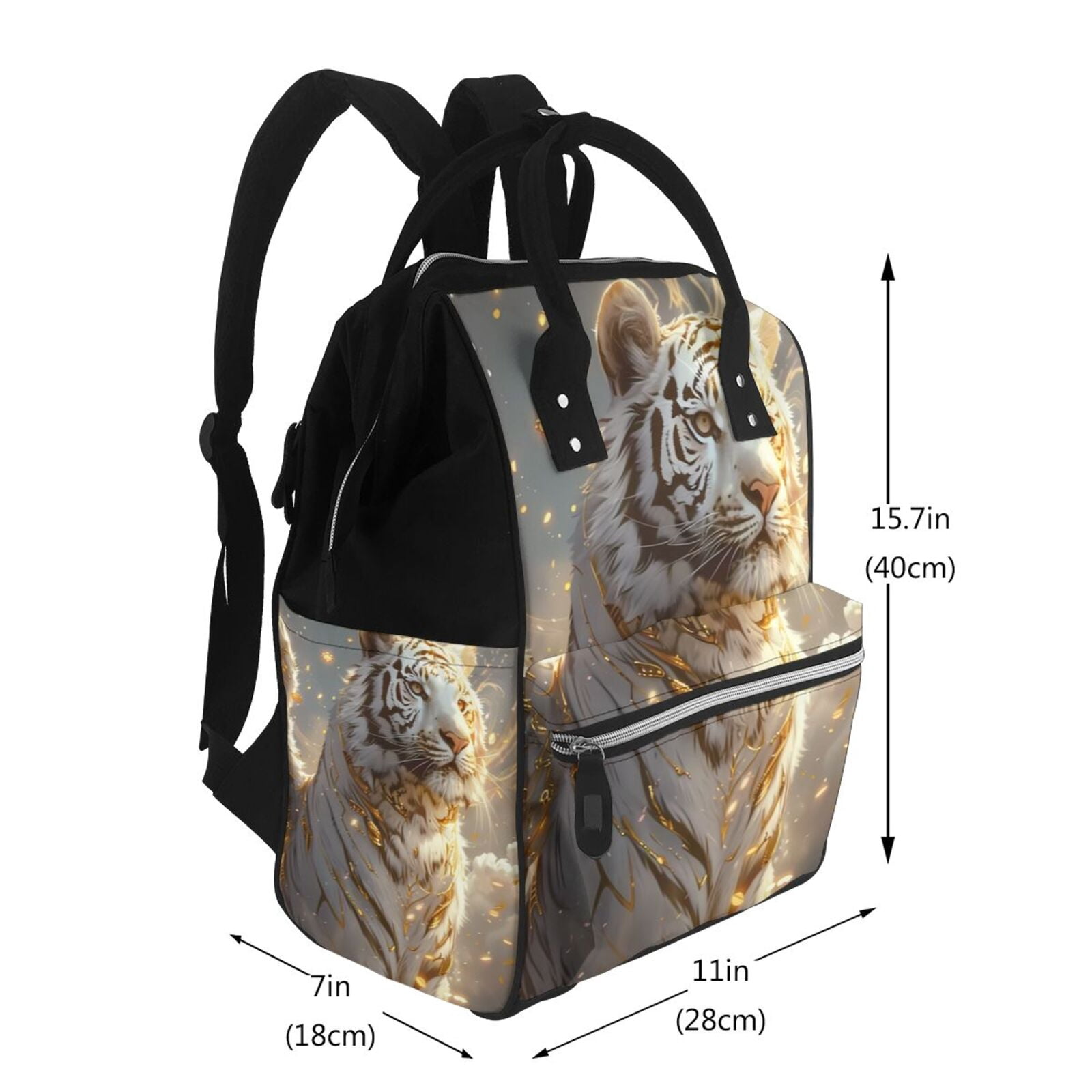 Ratiio Golden White Tiger Mummy Backpack - Waterproof Twill Canvas, Large Capacity Diaper Bag with Multiple Pockets and Adjustable Straps
