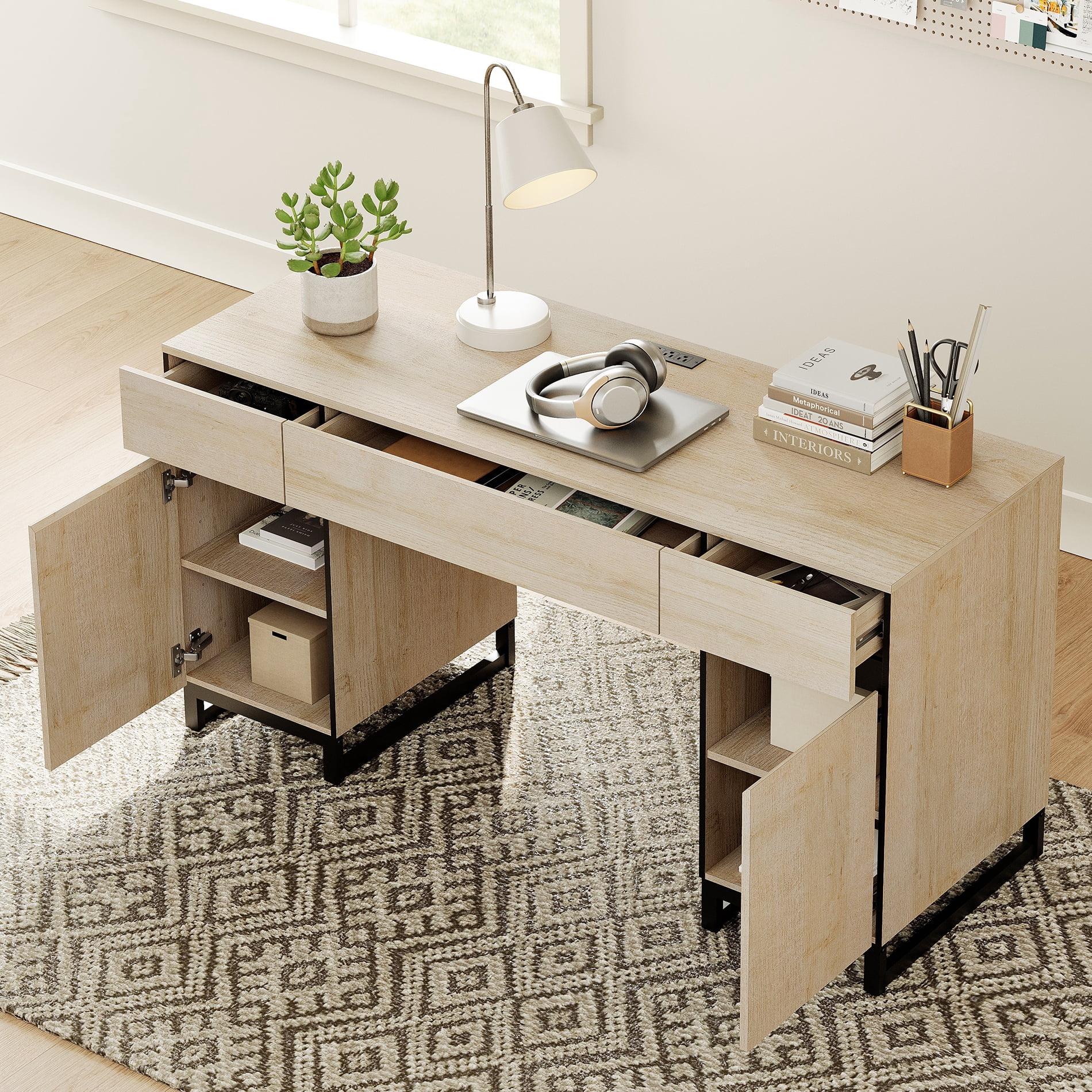WAMPAT Home Office Furniture Set: 59" Executive Desk with Charging Station and Storage Cabinet, Two 72" Tall Bookcase, Modern Computer Desk and Library Shelf for Work Study, Beige