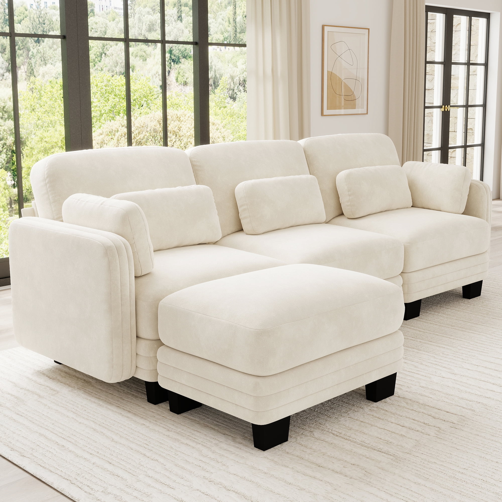 100" L Shape Modern Modular Sectional 3 Seater Sofa Couch with Movable Ottoman and 5 Pillows