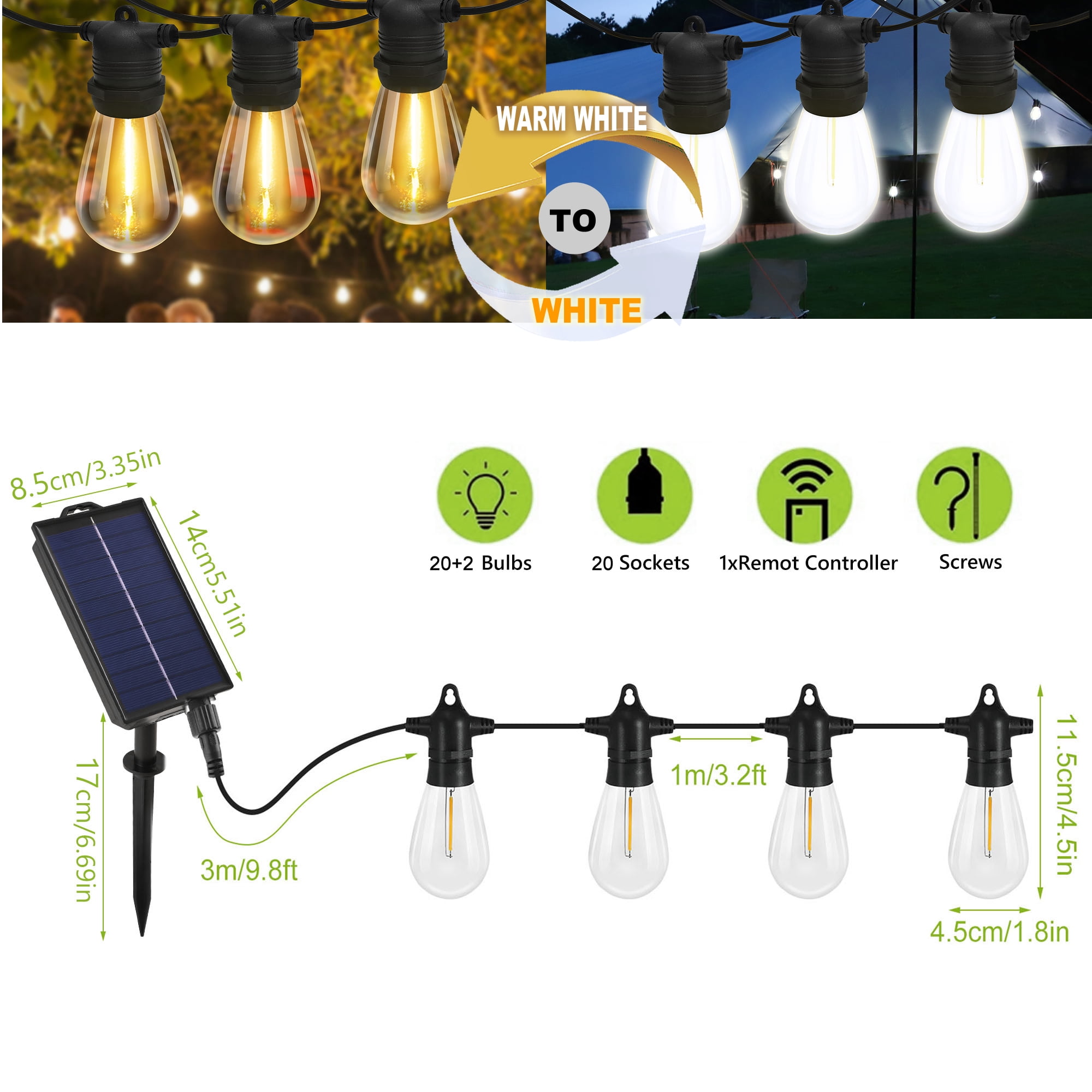60FT Solar Powered LED Outdoor String Lights,3 Color Changing Patio Lights, for Backyard Garden Patio Pergola Gazebo Bistro Bedroom Christmas Wedding Party