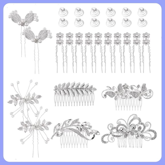40 Pack Silver Wedding Hair Side Combs U-shaped & Twist Bridal Hair Pins Pieces Accessories Rhinestone Pearls for Women Brides Bridesmaids