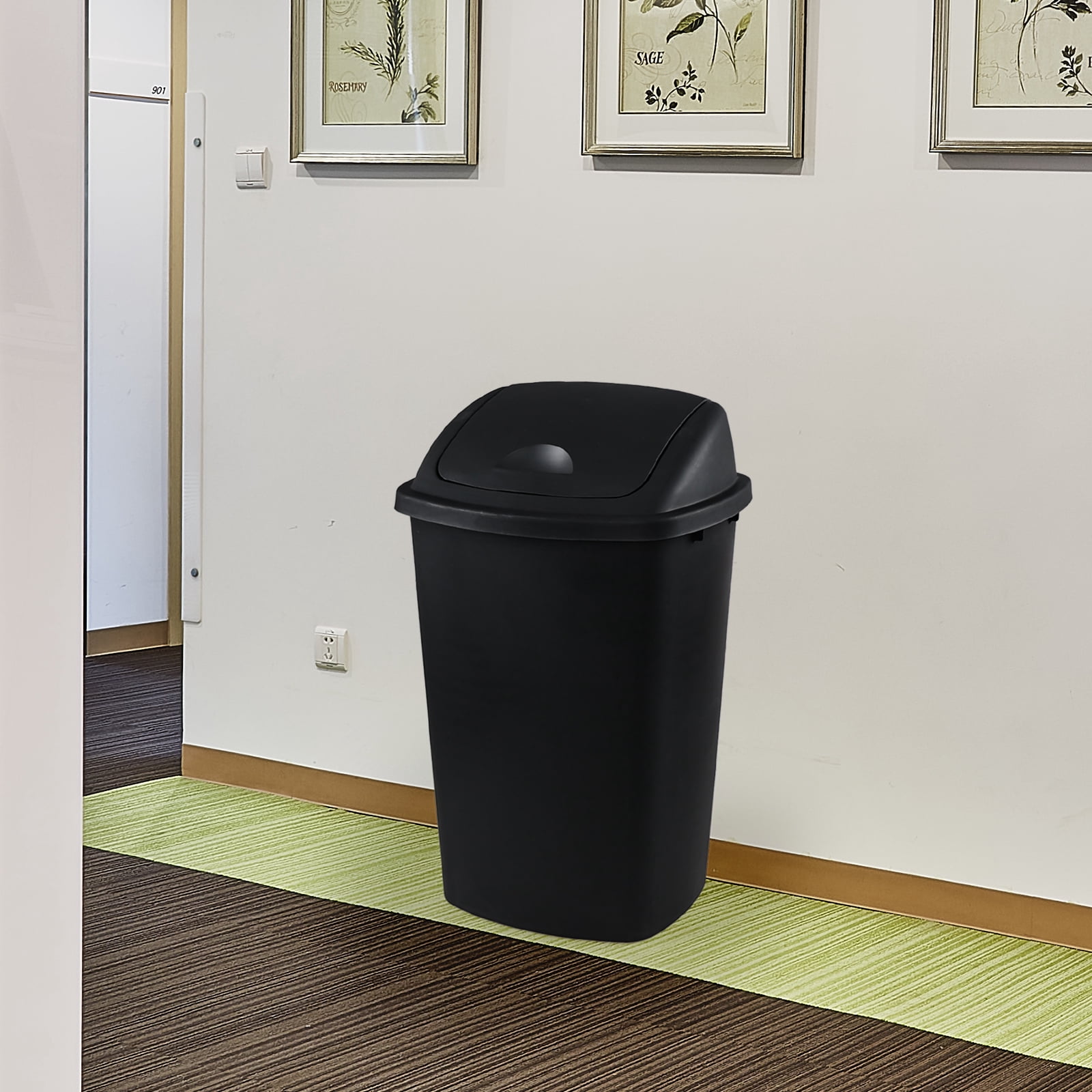Xowine 13 Gallon Plastic Swing Top Trash Container, 4 Pack Black Plastic Trash Can with Lid for Kitchen