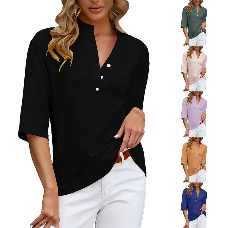 WTXUE Button-Up Shirts Elbow-Length, Notch Neck Shirts for