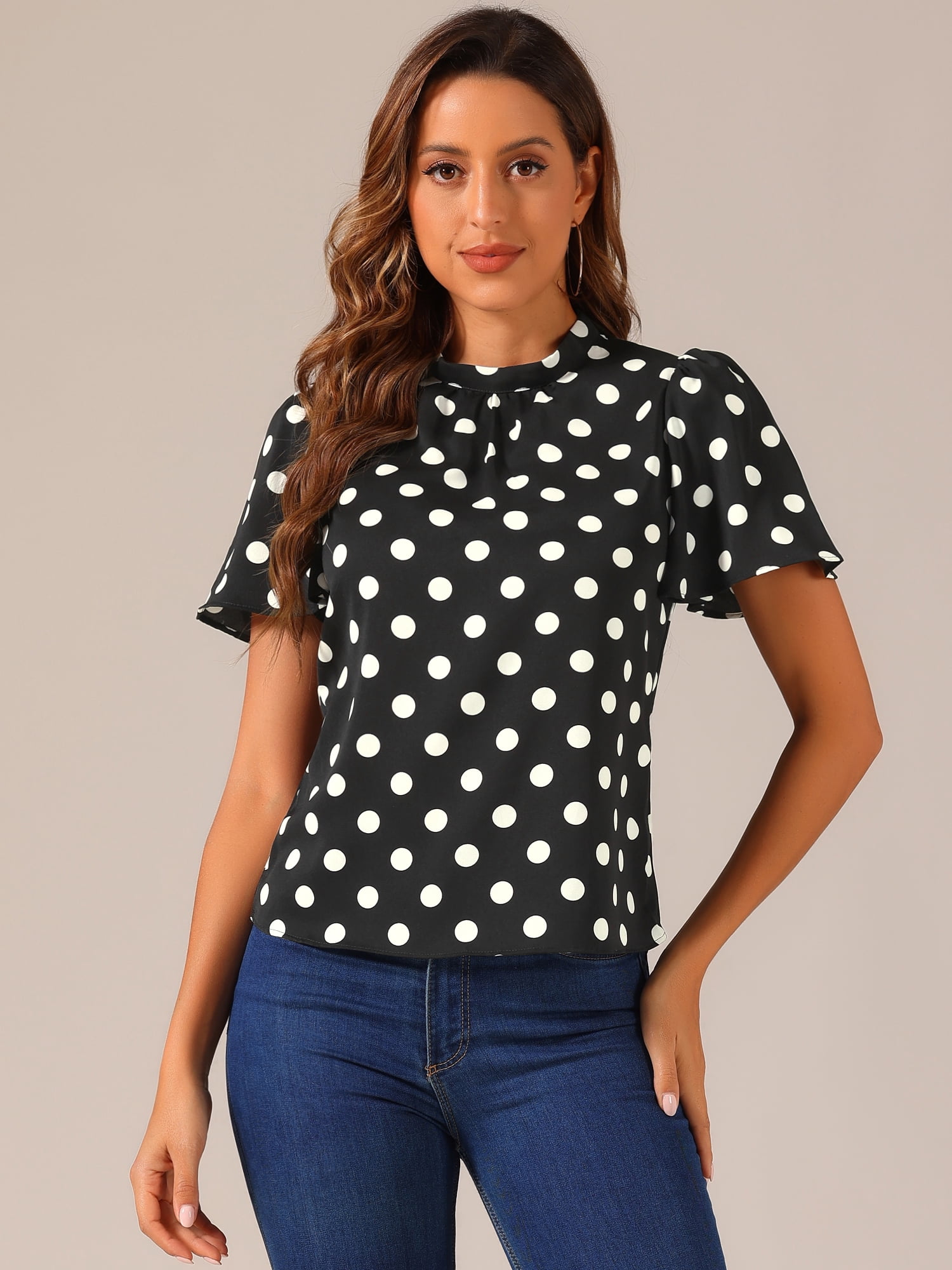 DARING DIVA Polka Dots Stand Collar Short Flare Sleeve Top M Black