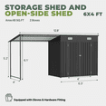 thumbnail image 2 of BaPiPro 6x4 ft Metal Storage Shed with Hardtop Pergola – 12x6 ft 2-in-1 Black Outdoor Tool Shed & Bike Shelter, Weatherproof with Lockable Door, 2 of 7