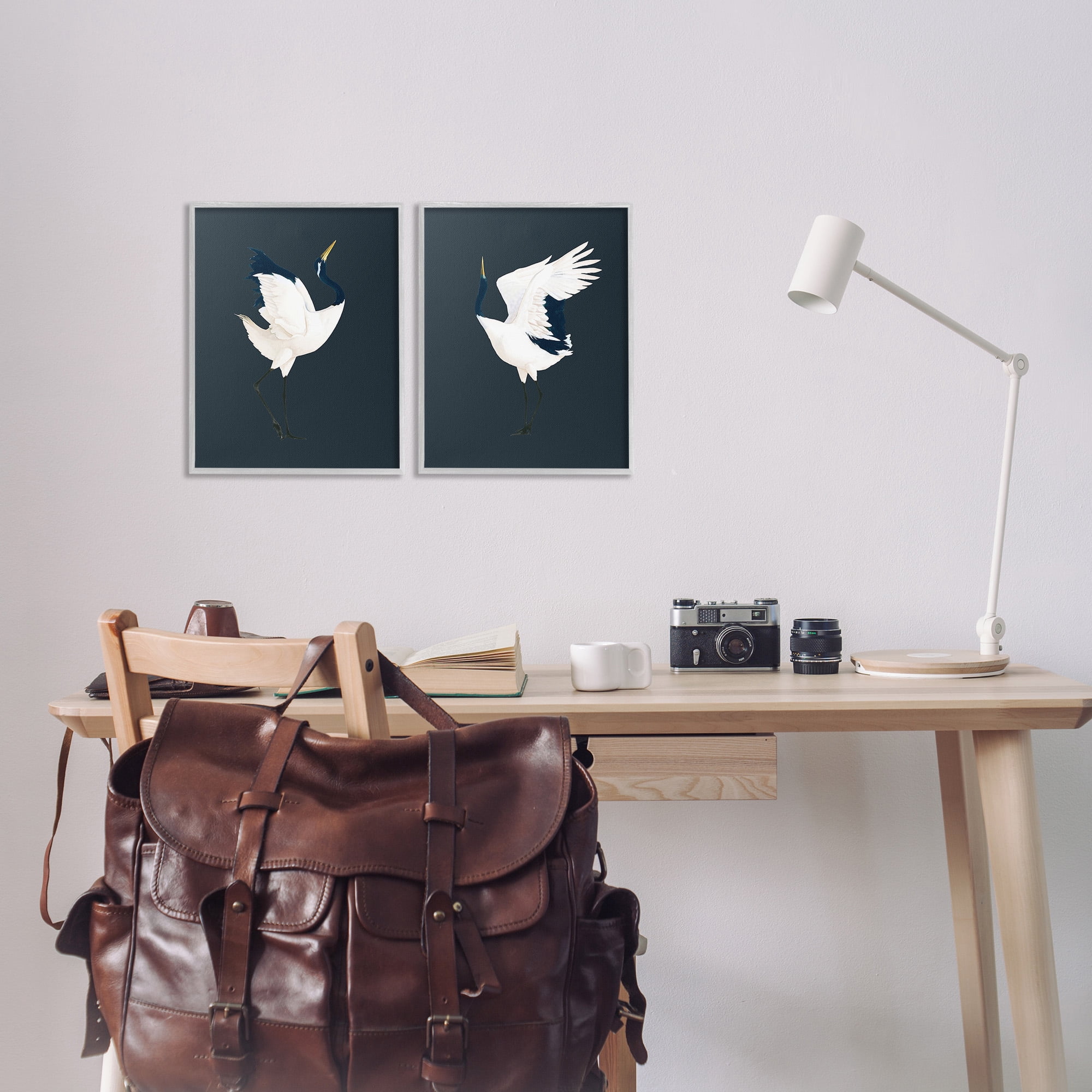 Stupell Industries Traditional Cranes Dance Animals & Insects Painting Gray Framed Art Print Wall Art, 11 x 14, Set of 2