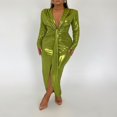 thumbnail image 2 of Women Solid Color Long Sleeve Deep V Neck Leather Party Dress, 2 of 6