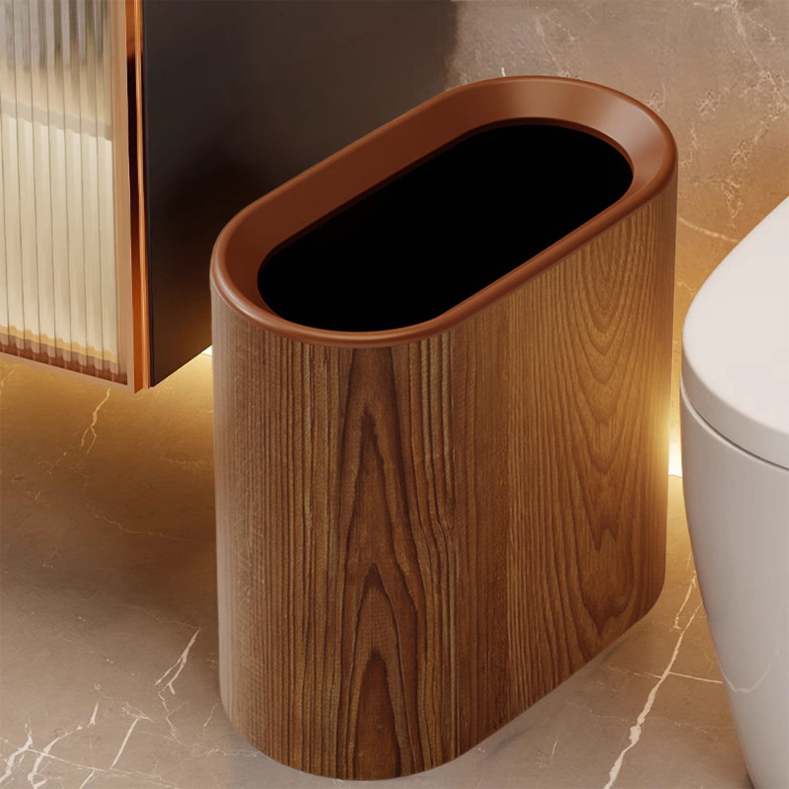 Plastic Wood Pattern Trash Can Small Garbage Bin without Lid for Bathroom Narrow Wastebasket Modern Wastebasket for Home Indoor Hotel, 6x11x11in