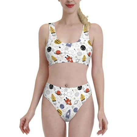 Bixox Rocket Planets Pattern Two-Piece Sports Bikini with U-Shaped Top and High-Waist Bottom - Women s Swimwear with Removable Bra Pads