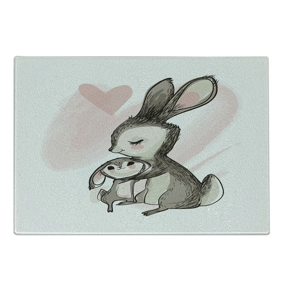 Mothers Day Cutting Board, Sketch Art of a Young Bunny with His Mom Happy Theme, Decorative Tempered Glass Cutting and Serving Board, Small Size, Pale Pink Eggshell, by Ambesonne