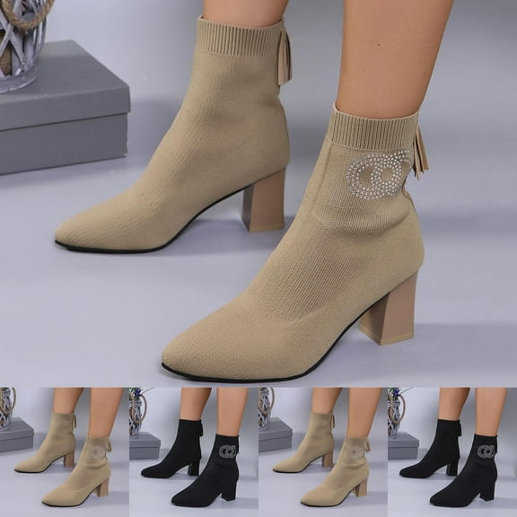 Women's Fashion Casual Elastic Socks Boots Pointed Toe Chunky Heels Ankle Booties for Winter Outdoor Indoor Wear