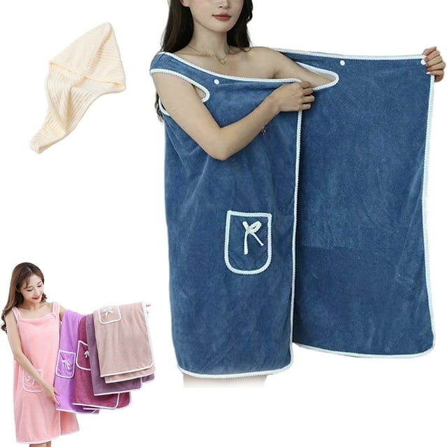 Plus Size Women's Wearable Shower Skirt, Quick-Drying Soft Absorbent Towel Dress with Pocket, 2-Button Design (M, Blue)