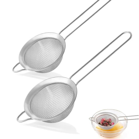 RUseeN 2 pcs Stainless Steel Mesh Strainer for Kitchen, Cocktail Sieve, Food Sifters, Liquid Strainer Cup Strainer for Drinks, Tea, Coffee, Juice, Flour, Spice (Silver)