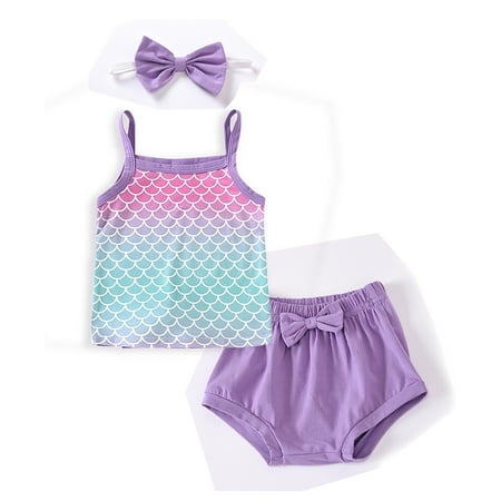 

Clearance Summer Newborn Baby Girls Mermaid Camisole Crop Shorts 3PCS Outfits