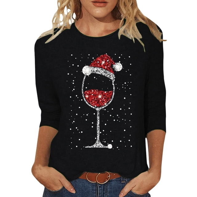 WEAIXIMIUNG T-Shirt de Noël Décontracté et à la Mode pour Dames Imprimé Verre Rouge Col Rond Manches 3/4