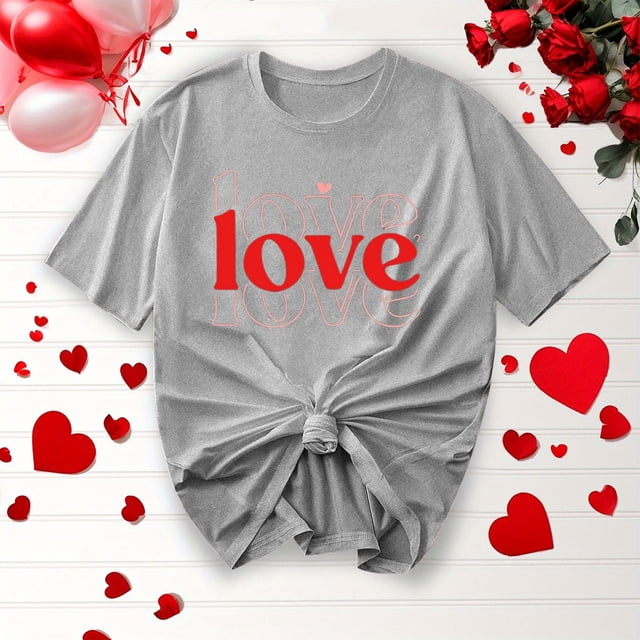 TIMIFIS T-Shirts à Manches Courtes de la Saint-Valentin pour Femmes Mode Décontractée Col Rond T-Shirt Imprimé Cœur d'Amour T-Shirt d'Été Ample Col Rond T-Shirts
