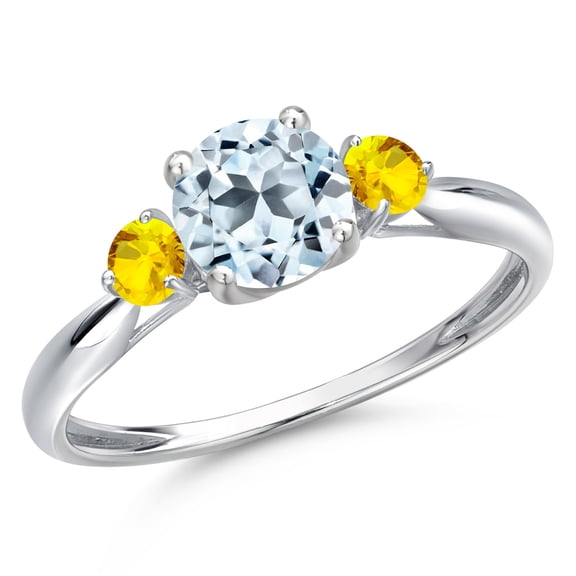 Gem Stone King 10K White Gold Sky Blue Topaz and Yellow Sapphire 3-Stone Ring for Women | 1.27 Cttw | Round 6MM | Gemstone November Birthstone | Size 8
