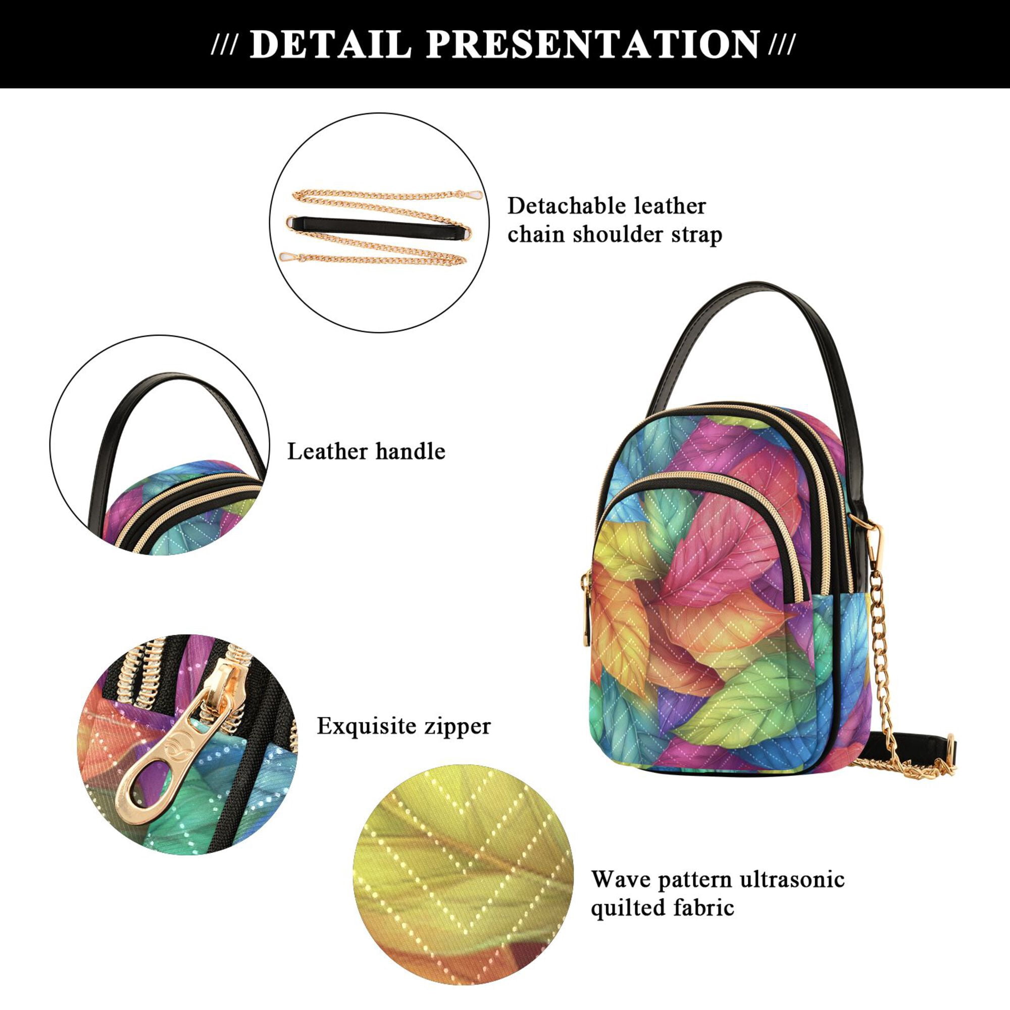 FORMRS Crossbody Bag for Women Quilted Travel Shoulder Cell Phone Purse with Chain Strap Handbag, Vibrant Leaves Pattern
