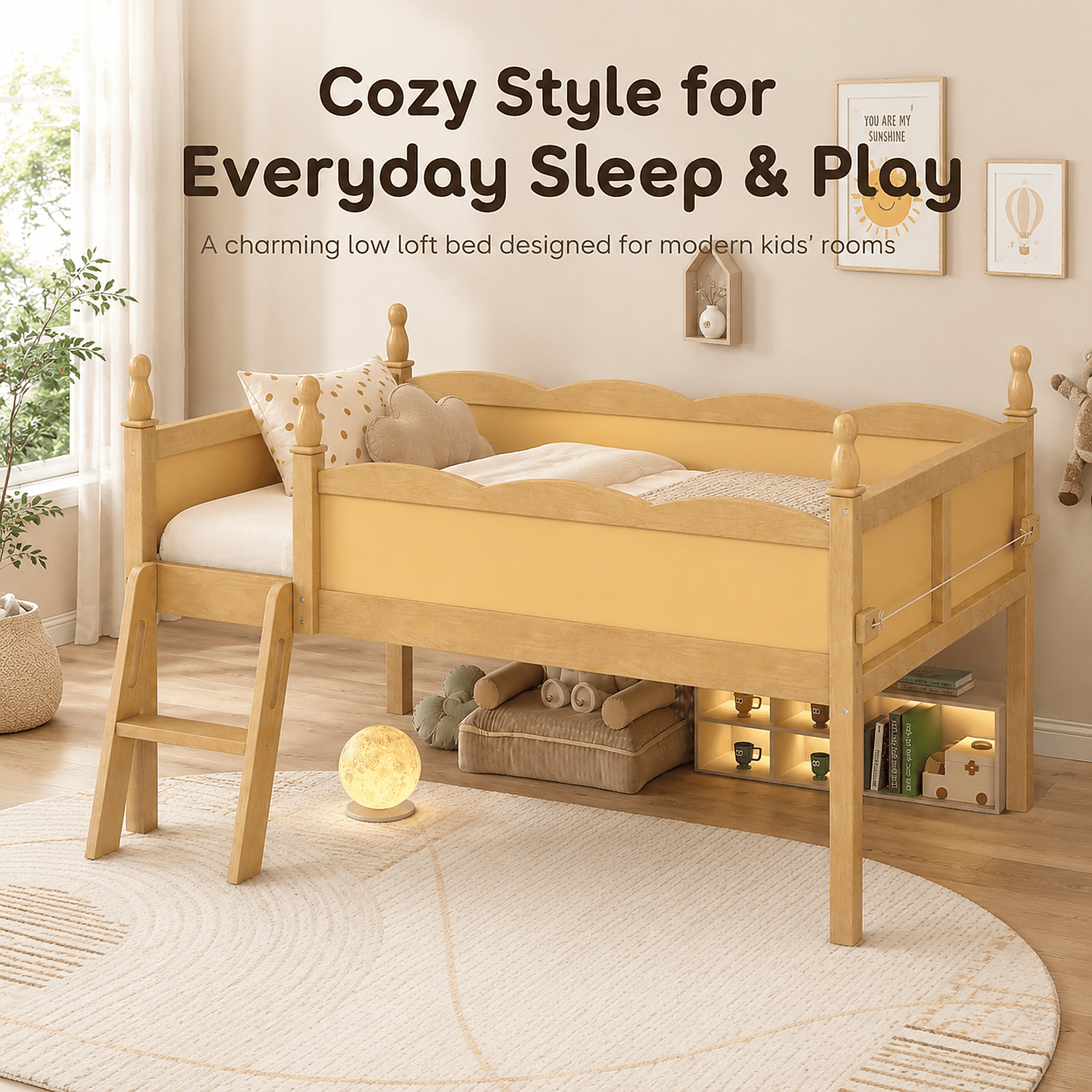Miniyam Twin Low Loft Bed with Bookshelf and Guardrails, Wood Kids Bed for Bedroom, Natural