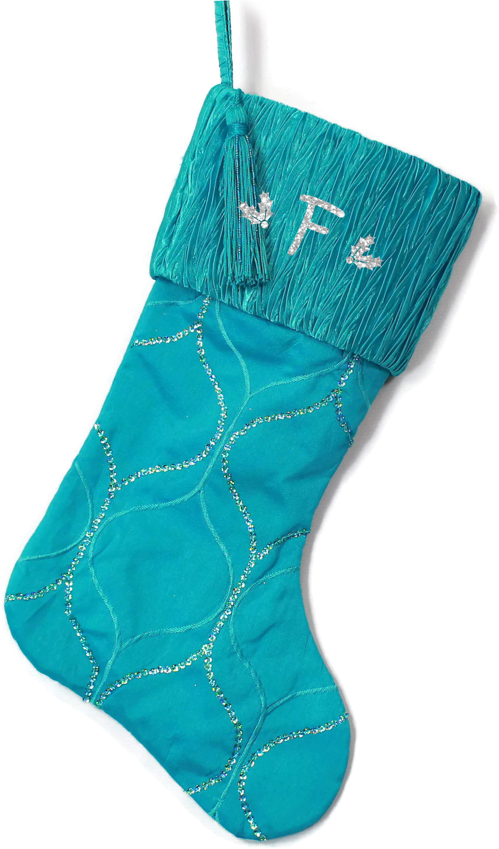 Monogrammed Christmas Stocking, Teal Sequined with Tassle with Kids