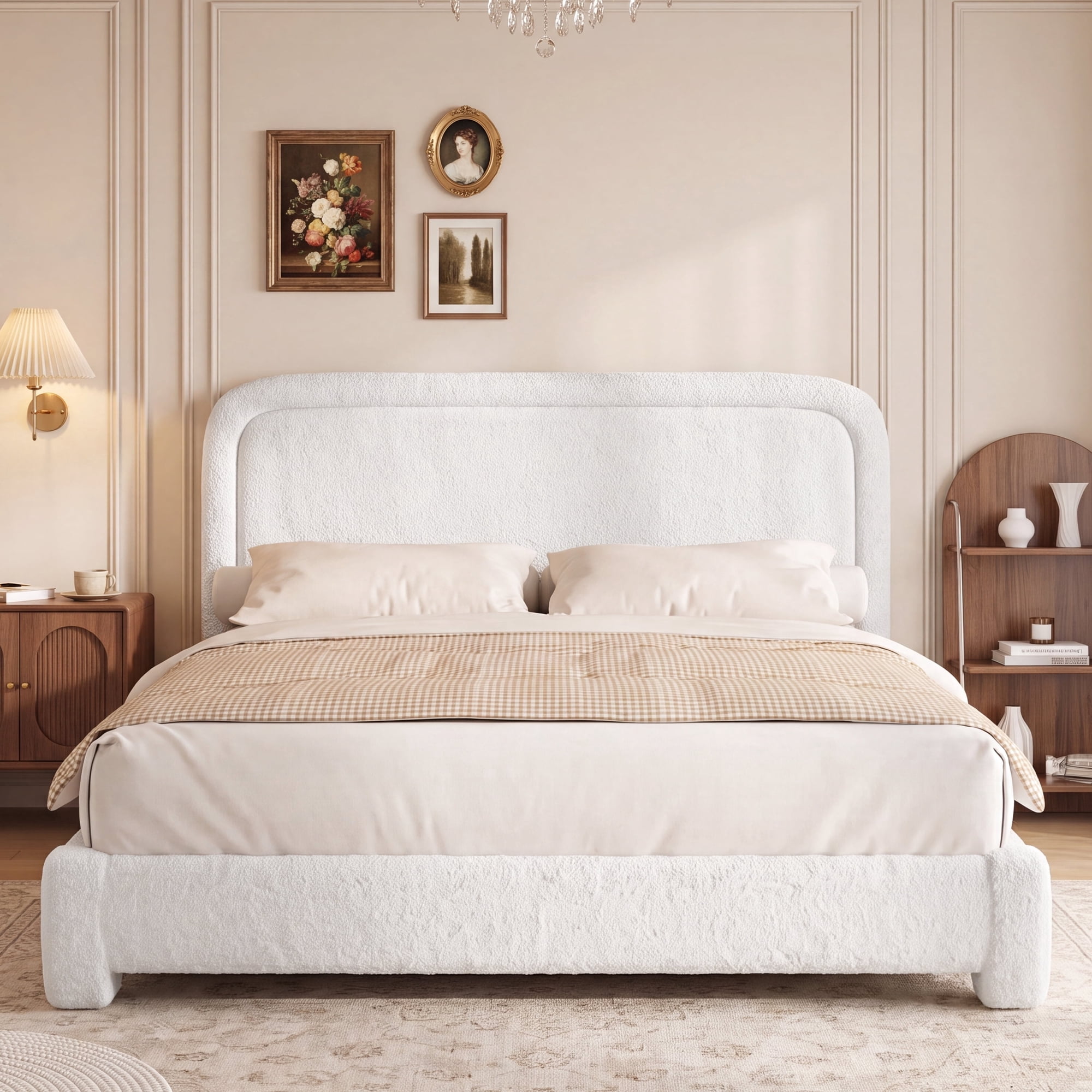 Boucle King Size Bed Frame with Adjustable Headboard, Upholstered Cloud Platform Bed Frame with Wood Slats, Noise-Free King Bed, No Box Spring Required, Easy Assembly, Beige
