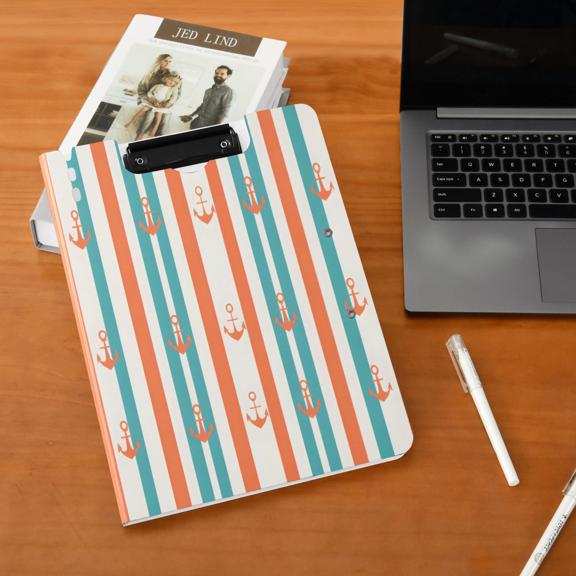 FORMRS A4 Clipboard Folder with Pen Holder Horizontal Foldable School Office Binder, Simple Nautical Pattern