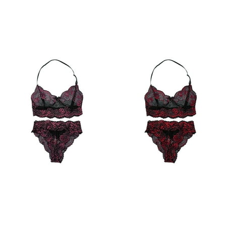 Lojoutye 2 Pack(Hot Pink 1PCS & Red 1PCS) Plus Size Role Play Multipack Women Sheer Floral Lace Pajamas Set High Waist Sleepwear Bra and Panty 2 Piece Nightwear Xxl
