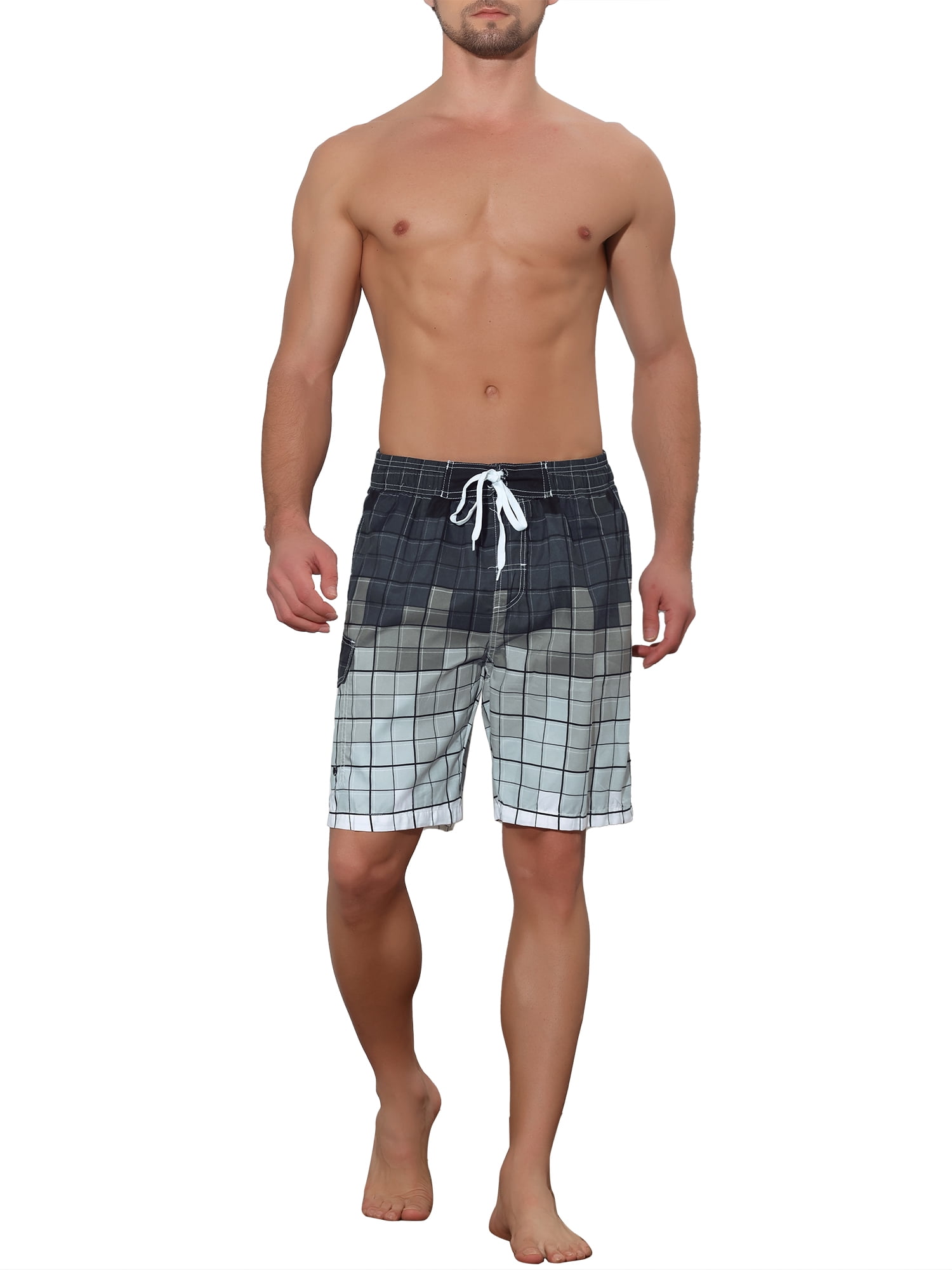 Unique Bargains Men's Hawaiian Drawstring Waist Color Block Plaid Board Shorts 32 Gray