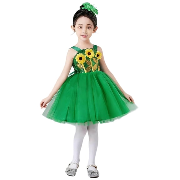 Odeerbi 4-15 Years Child Teen Girls Sequin Sunflower Dress with Headwear Spaghetti Strap Tulle Tutu Princess Dress for Stage Performance Dance Party