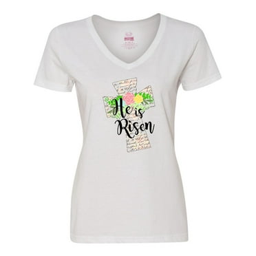 Inktastic He is Risen Cross with Script and Flowers Women's V-Neck T-Shirt